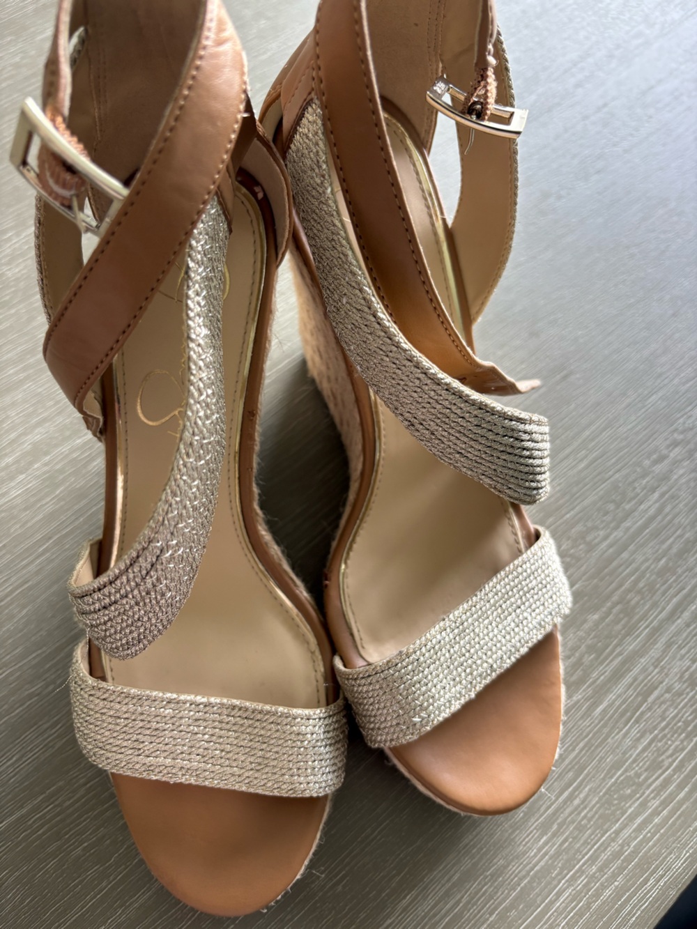 Jessica Simpson Tan and Gold Wedge Sandals